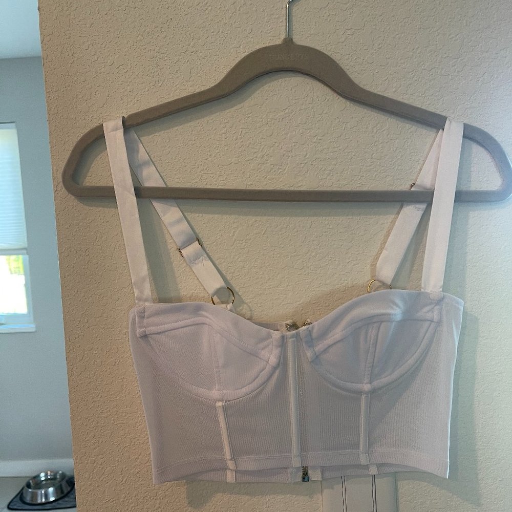 white fox zip up corset in white